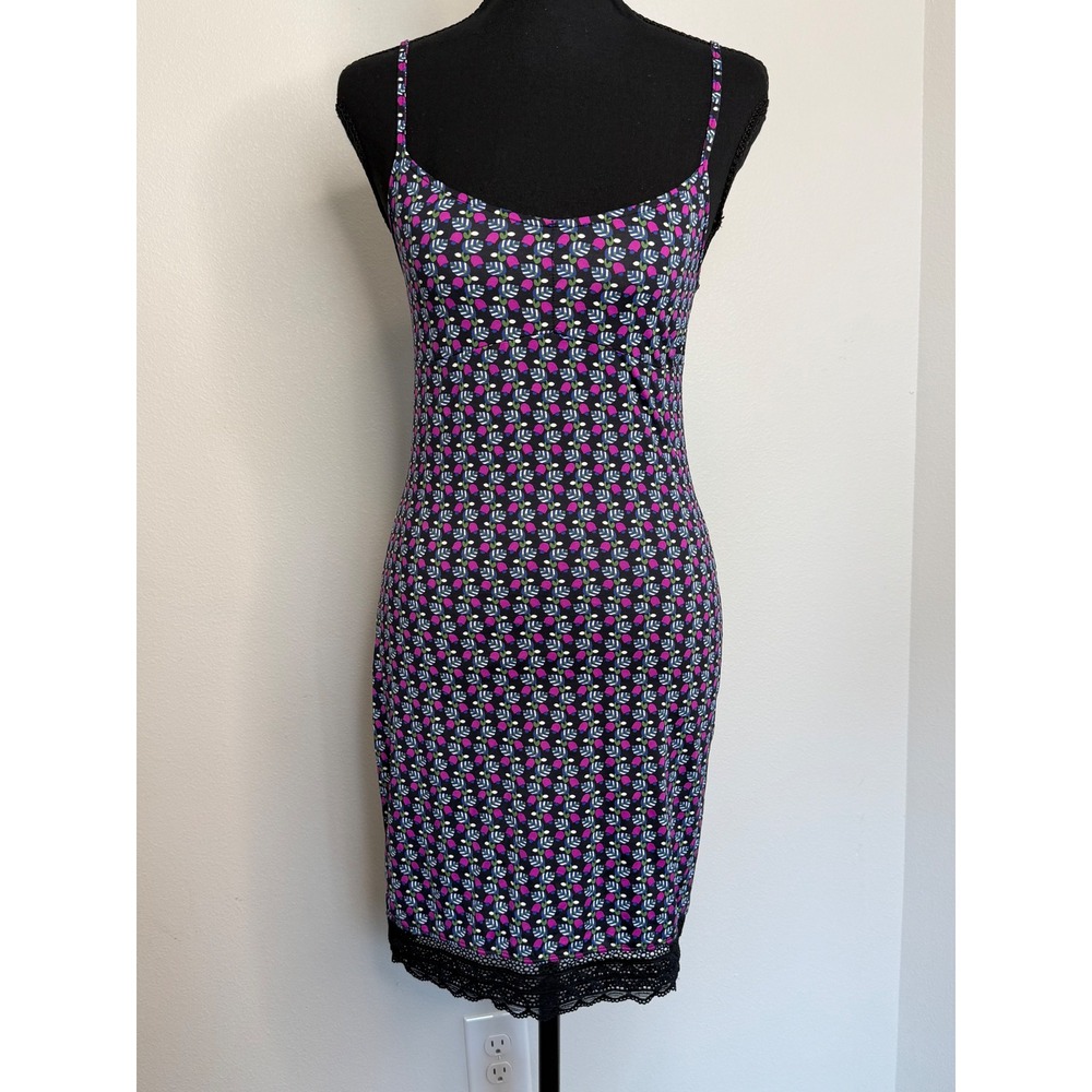 Eloise Floral Lace Trim Slip Dress Small Black Purple Bodycon Spaghetti Strap